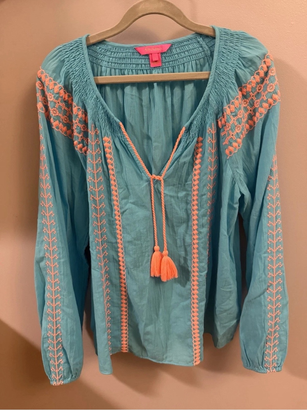 Lilly Pulitzer Aqua Peasant Blouse with Peach Tassels